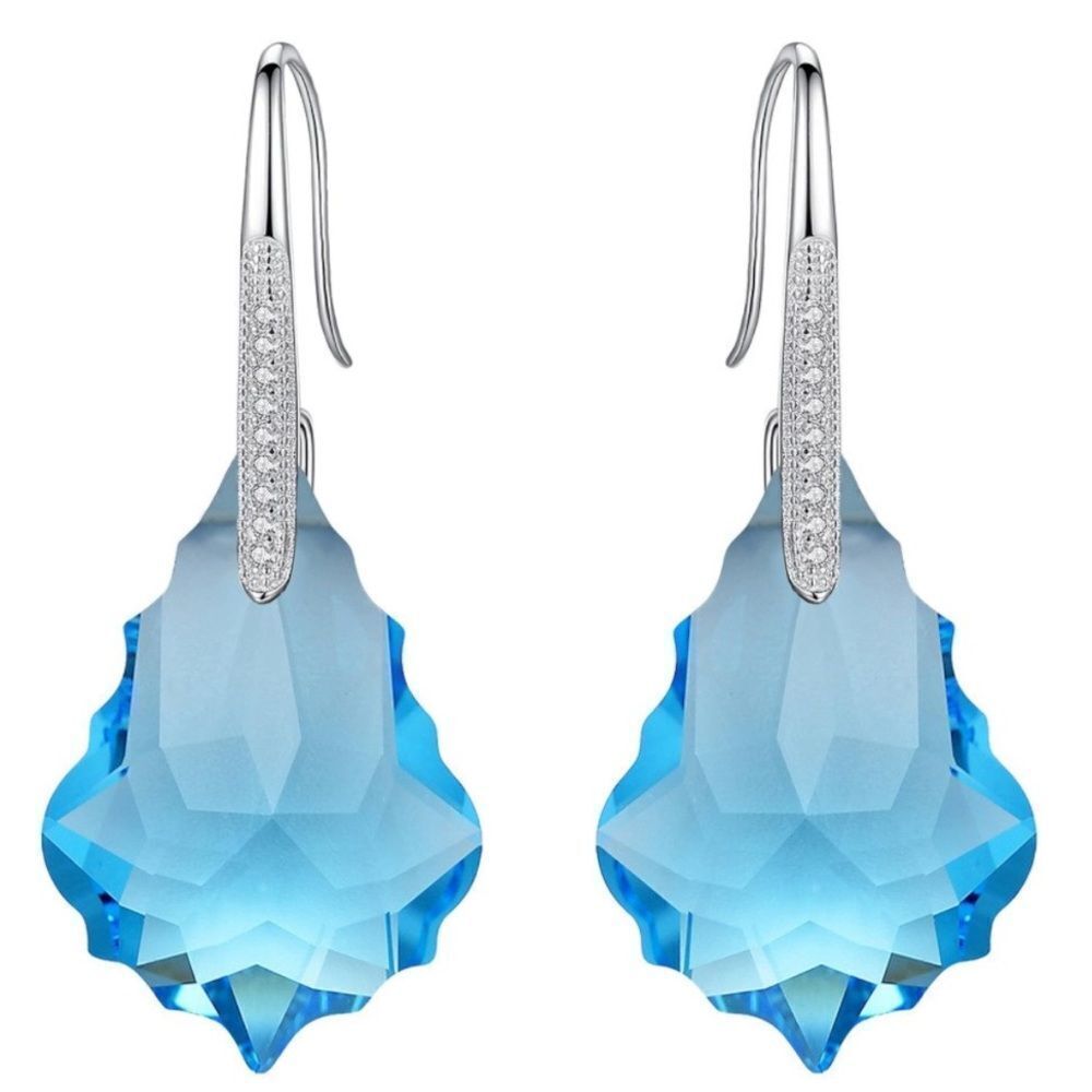 .925 Sterling Silver with Aquamarine Blue Cubic Zirconia Baroque Hook Earrings